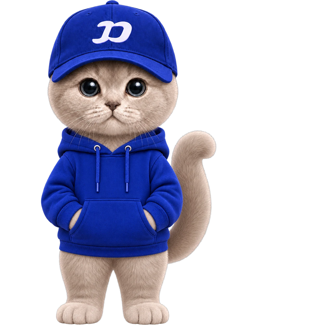FOMOCAT mascot wearing a blue cap and hoodie